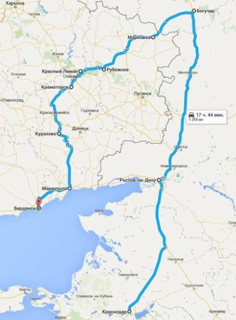 Маршрут движения автобуса Краснодар - Бердянск через Славянск, Краматорск, Селидов, Покровск, Кременная, Угледар Маршрут Краснодар - Бердянск